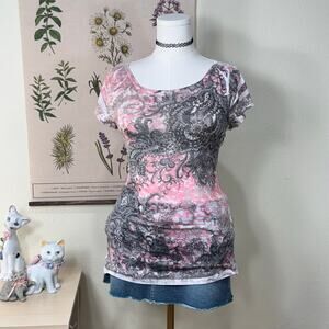 Vintage 90s Y2k Pink Gray Floral Sheer Back Embellished Top Grunge McBling L